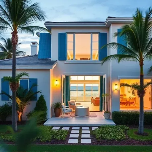 Elegant coastal home in Singer Island, FL, featuring modern-traditional architecture, lush landscaping, and inviting porch.