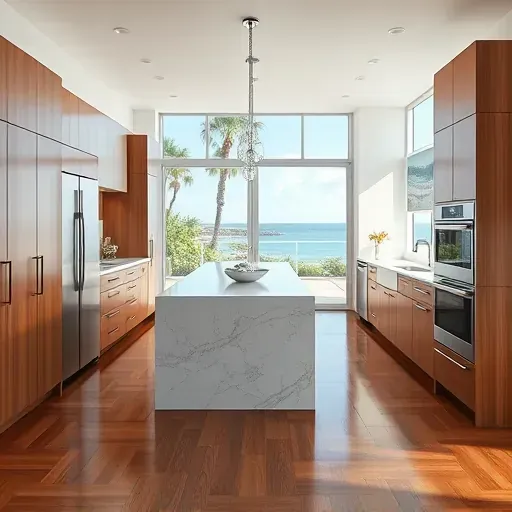 Modern Jupiter Inlet Colony kitchen with quartz countertops, warm wood cabinetry, stainless steel appliances, ocean views.