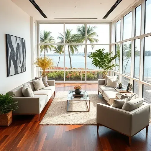 Elegant Jupiter, FL interior with modern furniture, lush greenery views, polished hardwood floors, and sophisticated decor.