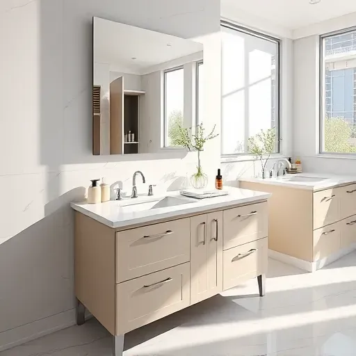 Modern bathroom with a sleek vanity, marble countertops, chrome fixtures, natural light, and elegant design details.