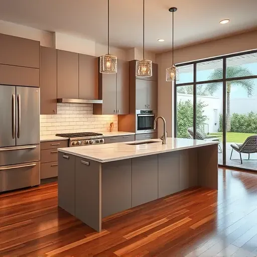 Remodeled Greenacres, FL kitchen with matte cabinets, quartz island, stainless appliances, subway tile backsplash, hardwood floors.