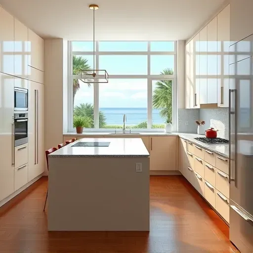 Renovated Jupiter, FL kitchen with modern neutral cabinetry, granite island, hardwood floors, and bright natural light.