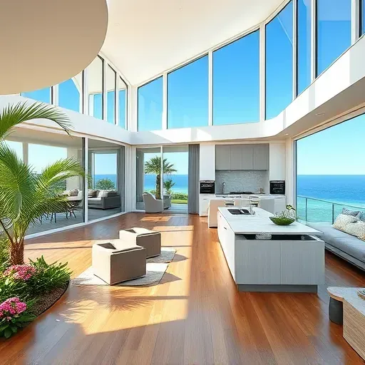 Elegant coastal Whole-Home Remodeling in Singer Island, FL, featuring open spaces, lush landscaping, and ocean views.