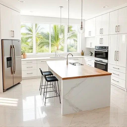 Modern kitchen remodel in Hypoluxo Island, FL, featuring sleek cabinetry, quartz countertops, and tropical views.