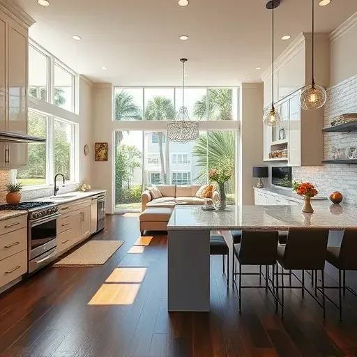 Contemporary Whole-Home Remodeling in Frenchmans Reserve, featuring a sleek kitchen and inviting living area with tropical views.