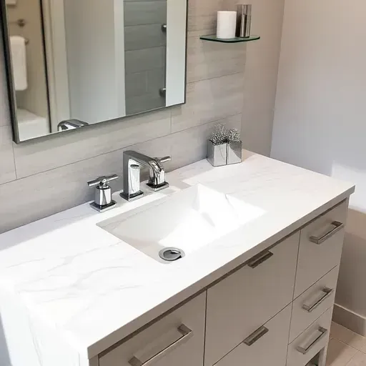 Modern bathroom vanity in Jupiter, FL with marble countertop, undermount sink, chrome fixtures, and elegant decor.