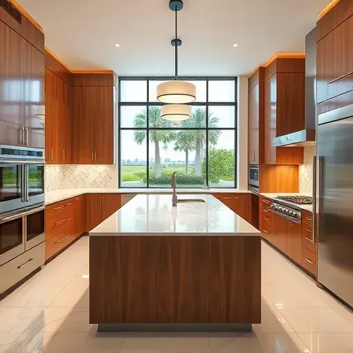 Luxurious renovated Old Palm, FL kitchen with warm wood cabinets, quartz countertops, stainless steel appliances, and lush outdoor view.