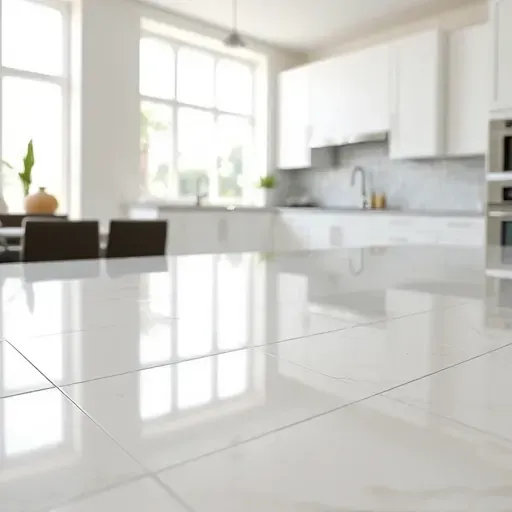 Completed modern kitchen backsplash with glossy ceramic tiles, polished quartz countertop, bright natural lighting in Jupiter, FL.