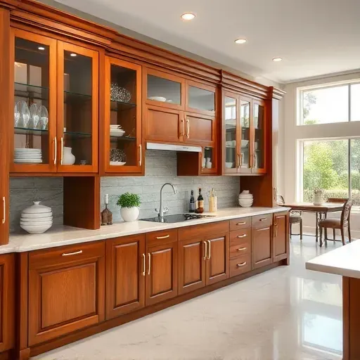 Custom-built wooden kitchen cabinets with glass doors, coastal decor, and Florida ocean views in a modern Jupiter, FL home.