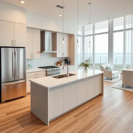 Modern kitchen remodel in Juno Beach, FL with sleek cabinetry, quartz countertops, and coastal decor enhancing natural light.