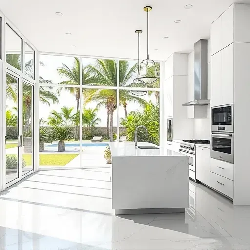 Modern Delray Beach kitchen with white cabinetry, stainless steel appliances, quartz countertops, and tropical backyard view.