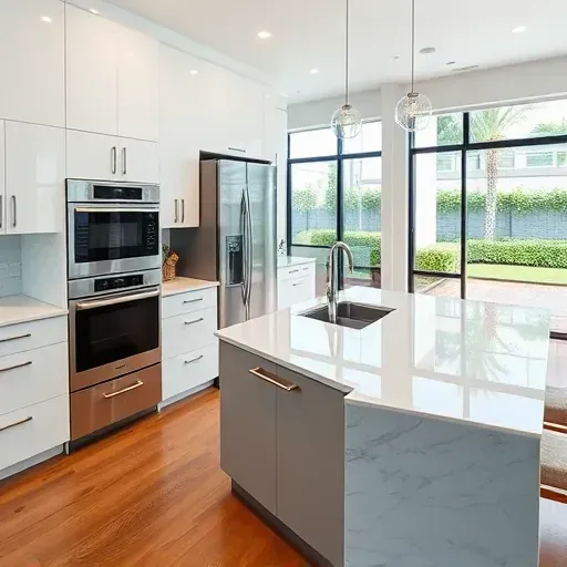 Beautiful Boca Raton kitchen remodel with sleek cabinetry, white marble countertops, stainless steel appliances, and hardwood flooring.