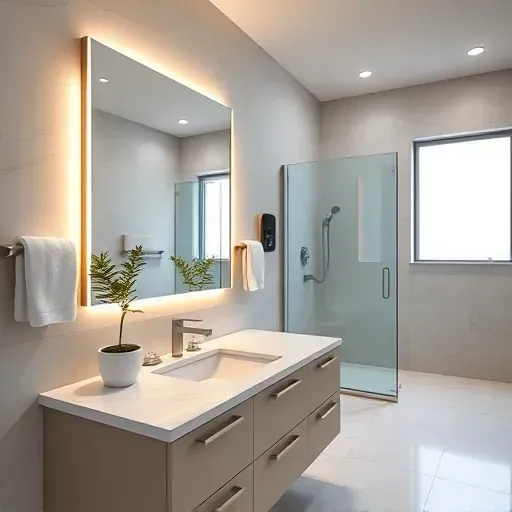 Modern bathroom in Jupiter, FL with brushed nickel mirror, marble countertops, LED lighting, towels, plant, and minimal decor.
