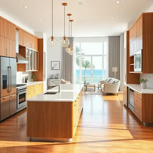Modern Jupiter, FL kitchen with quartz countertops, stainless appliances, custom wood cabinetry, marble island, sunlight, coastal decor.