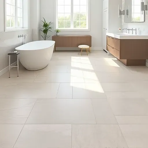 Perfectly finished beige and light gray ceramic bathroom flooring in Jupiter, FL, with modern fixtures and natural sunlight.