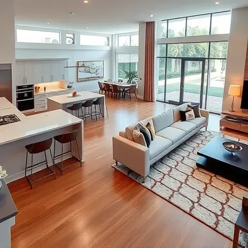 Modern open-concept living space in Wellington, FL, featuring elegant decor, a sleek kitchen, and cozy hardwood flooring.