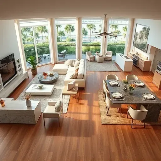 Elegant living room in Jupiter Inlet Colony, FL, featuring a modern kitchen, natural light, and chic decor for a tranquil vibe.