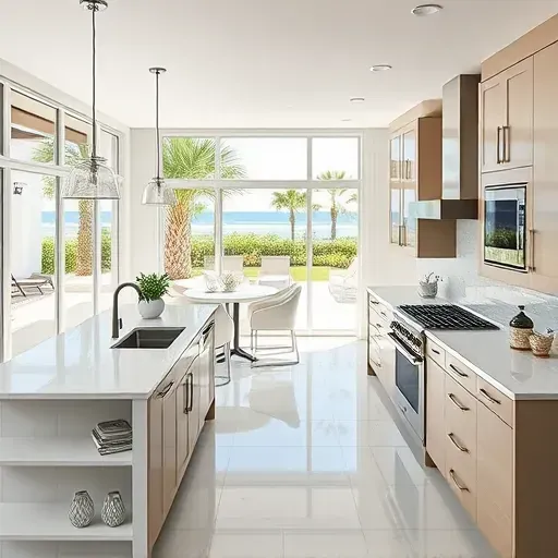 Beautiful renovated Manalapan, FL kitchen with quartz countertops, stainless appliances, open layout, coastal decor, ocean view.