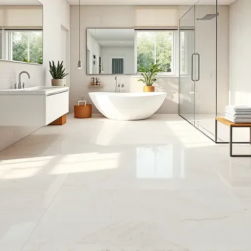 Beautiful bathroom with modern marble-tile flooring, sleek fixtures, natural light, and stylish decor.