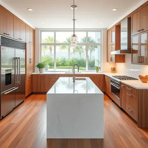 Beautiful renovated North Palm Beach kitchen with white quartz counters, stainless steel appliances, and coastal-inspired decor.