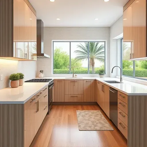 Modern kitchen remodel in Jupiter, FL, featuring quartz countertops, warm wood cabinetry, and stainless appliances.