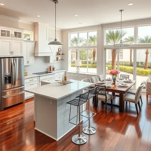 Modern kitchen in Seminole Landing, FL, with sleek cabinetry, quartz island, and open-concept living area, highlighting elegance.