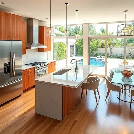 Remodeled Jupiter, FL kitchen features warm wood cabinets, stainless steel appliances, polished quartz island, and natural light.