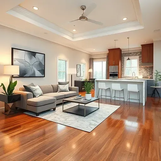 Modern living space in Seminole Landing, FL, showcasing elegant design with polished wood floors and contemporary furnishings.
