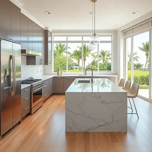 Remodeled Jupiter, FL kitchen with modern matte cabinets, stainless steel appliances, marble island, coastal backsplash, and natural light.