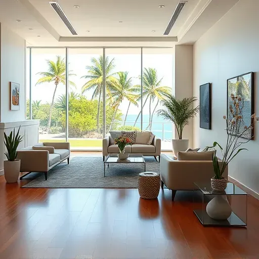 Modern Jupiter, FL interior with sleek furniture, large windows showing lush greenery and water, and elegant decor.