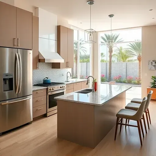 Remodeled Palm Beach kitchen with modern cabinetry, granite countertops, stainless appliances, hardwood floors, and lush backyard view.