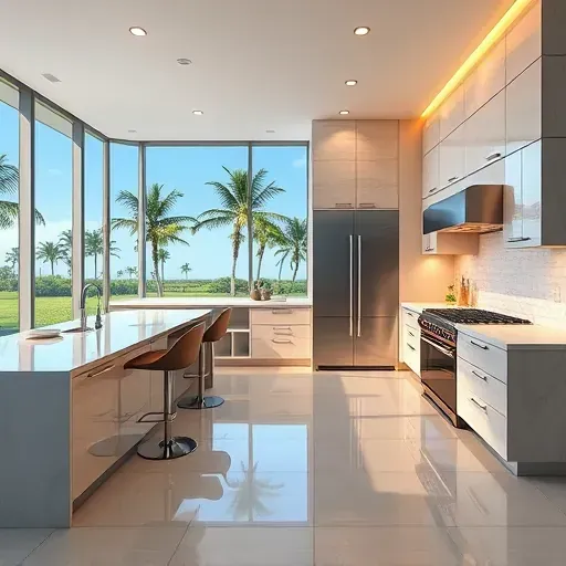 Modern renovated kitchen in Hypoluxo Island, FL with sleek cabinetry, quartz countertops, stainless steel appliances, and tropical outdoor views.