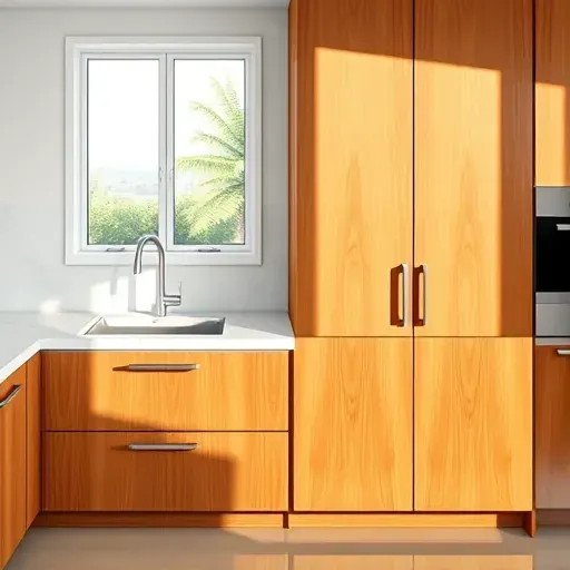 Refinished high-gloss wood cabinets in a modern kitchen with natural light, highlighting craftsmanship and sleek design.