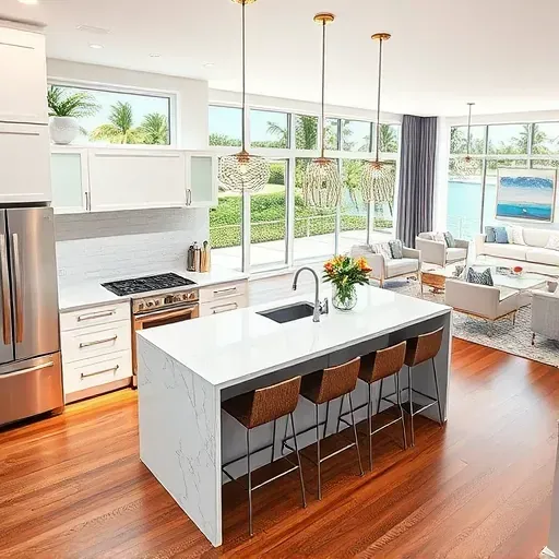 Bright, modern Jupiter Island kitchen with marble counters, sleek cabinetry, tropical views, and stylish lighting.
