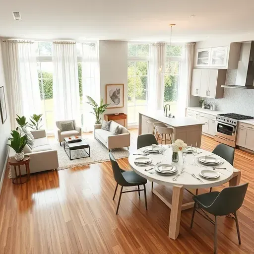 Elegant open-concept living area in Frenchmans Reserve, FL, featuring modern decor, natural light, and lush greenery.