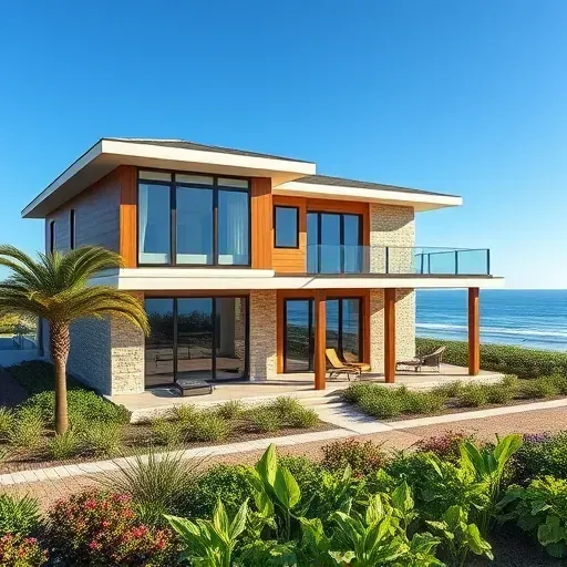 Exterior view of a modern coastal home in Jupiter Inlet Colony, FL, featuring wood accents, large windows, and a garden.