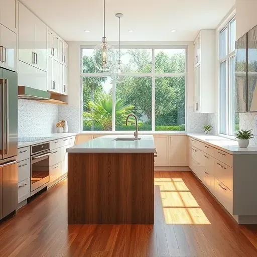 Remodeled Riviera Beach kitchen with granite countertops, stainless-steel appliances, wooden island, natural light, and elegant decor.