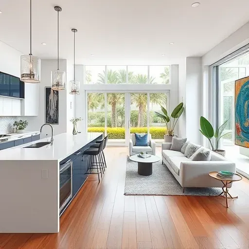 Whole-home remodel in West Palm Beach features modern kitchen, spacious living room, and elegant decor with natural lighting.