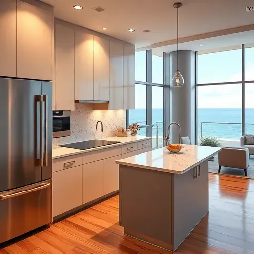 Modern Highland Beach kitchen with sleek matte cabinets, marble countertops, stainless steel appliances, ocean views, and polished hardwood floors.