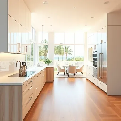 Modern Jupiter, FL kitchen with white cabinetry, stainless steel appliances, quartz island, lush greenery view.