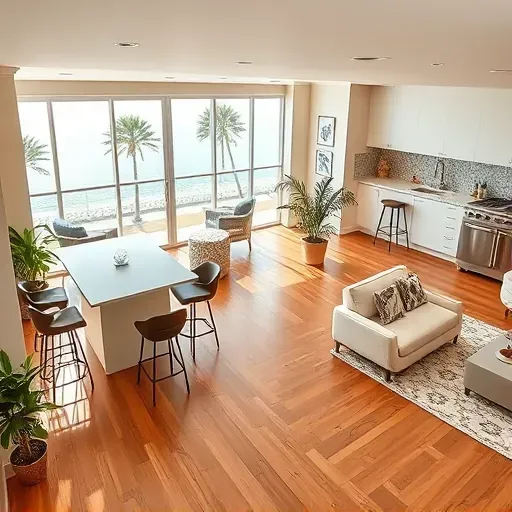 Living room and kitchen in Ocean Ridge, FL, showcasing a stylish, open-concept remodel with modern decor and natural light.