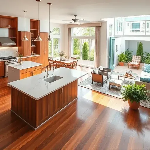 Whole-home remodeling in South Palm Beach, showcasing a modern kitchen with warm wood cabinetry and open-concept living area.