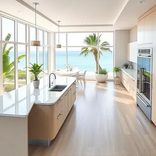 Remodeled Hypoluxo Island kitchen with modern cabinets, quartz countertops, stainless steel appliances, and ocean views.