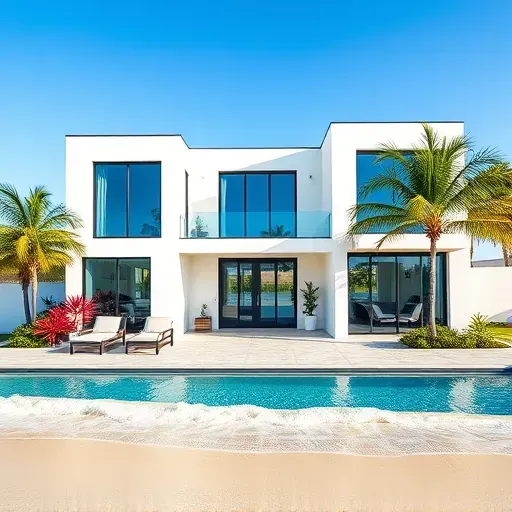 Coastal home remodeling in Singer Island, FL features white stucco, navy trim, tropical landscaping, and a serene beach backdrop.