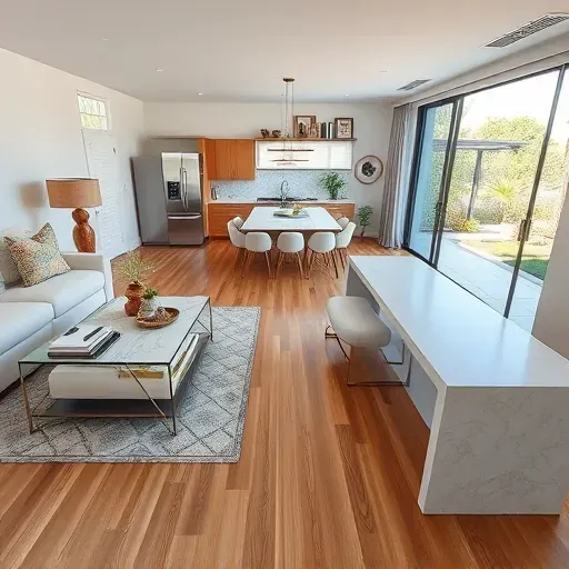 Stunning open-concept living area in renovated North Palm Beach home featuring elegant hardwood floors and modern decor.