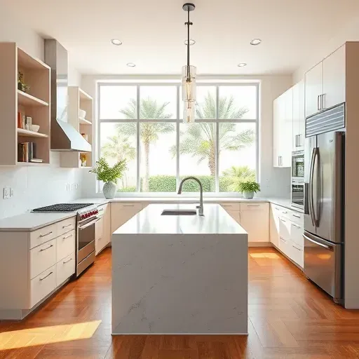 Remodeled Hobe Sound, FL kitchen with modern matte cabinets, stainless appliances, quartz countertops, and open Florida views.