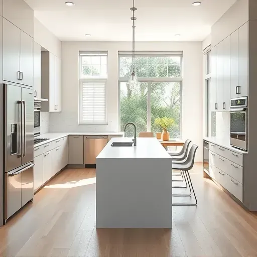 Remodeled Lake Worth Beach kitchen with modern matte cabinetry, quartz island, stainless appliances, and natural sunlight.