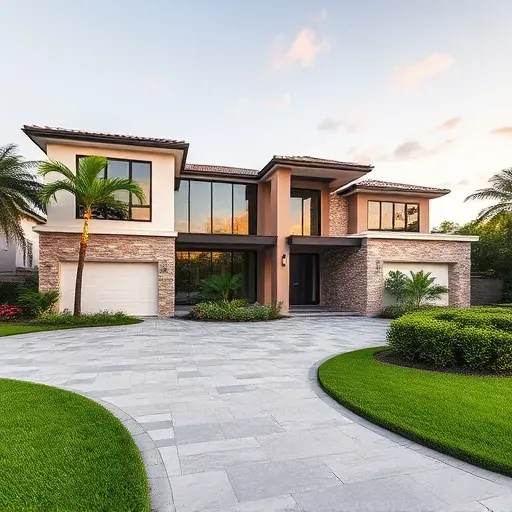 Contemporary coastal home in Gulf Stream, FL, showcasing modern architecture with stone and stucco, surrounded by lush gardens.