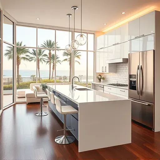 Modern renovated kitchen in South Palm Beach with white cabinetry, stainless steel appliances, granite island, and ocean view.