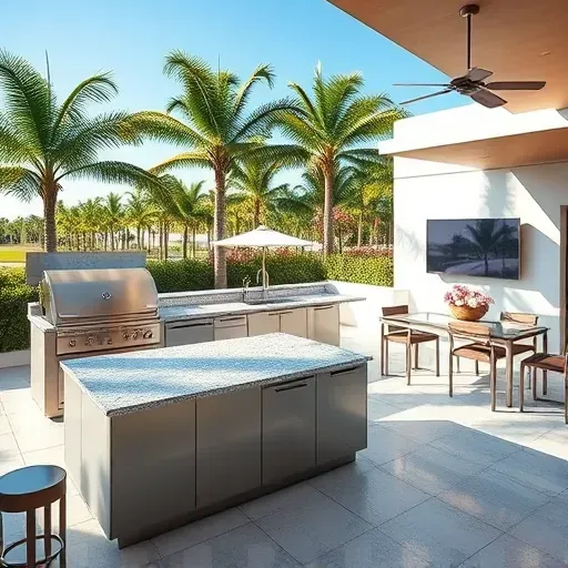 Elegant outdoor kitchen in Jupiter, FL with stainless steel appliances, granite countertops, lush tropical backdrop.